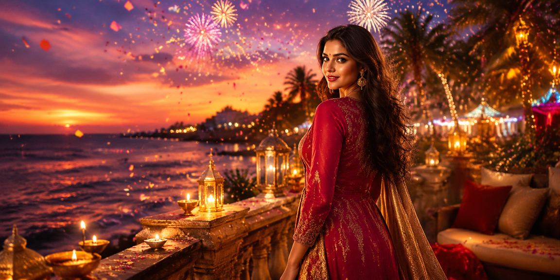Goa beach background with young woman registering for lottery bonus