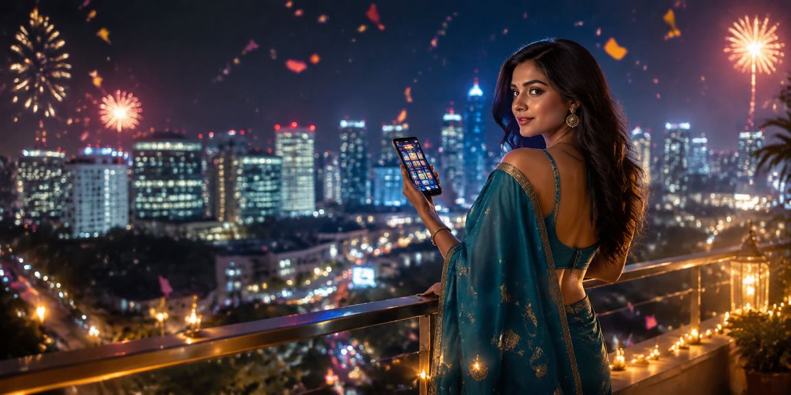 Indian woman playing mobile casino and lottery games on smartphone